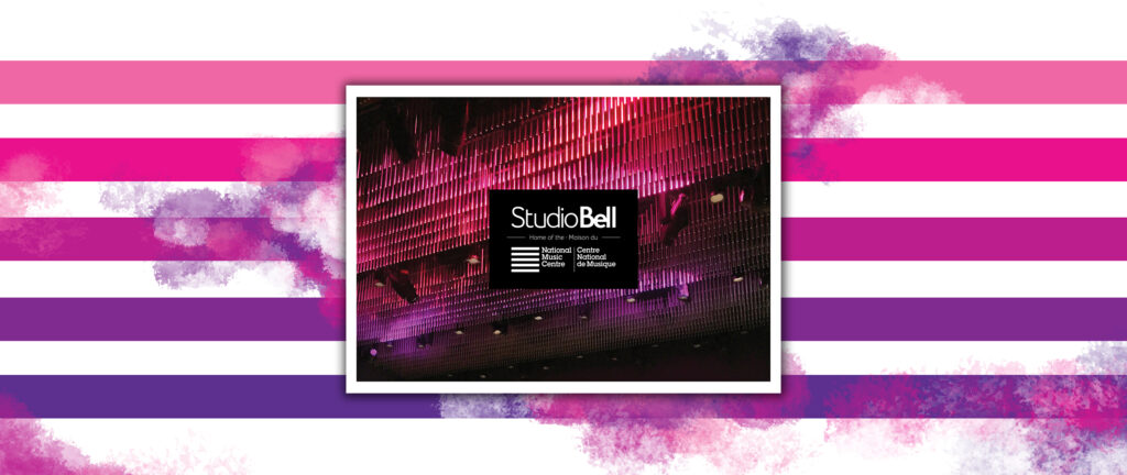 Studio Bell: National Music Centre postcard featuring the lights in the Performance Hall.